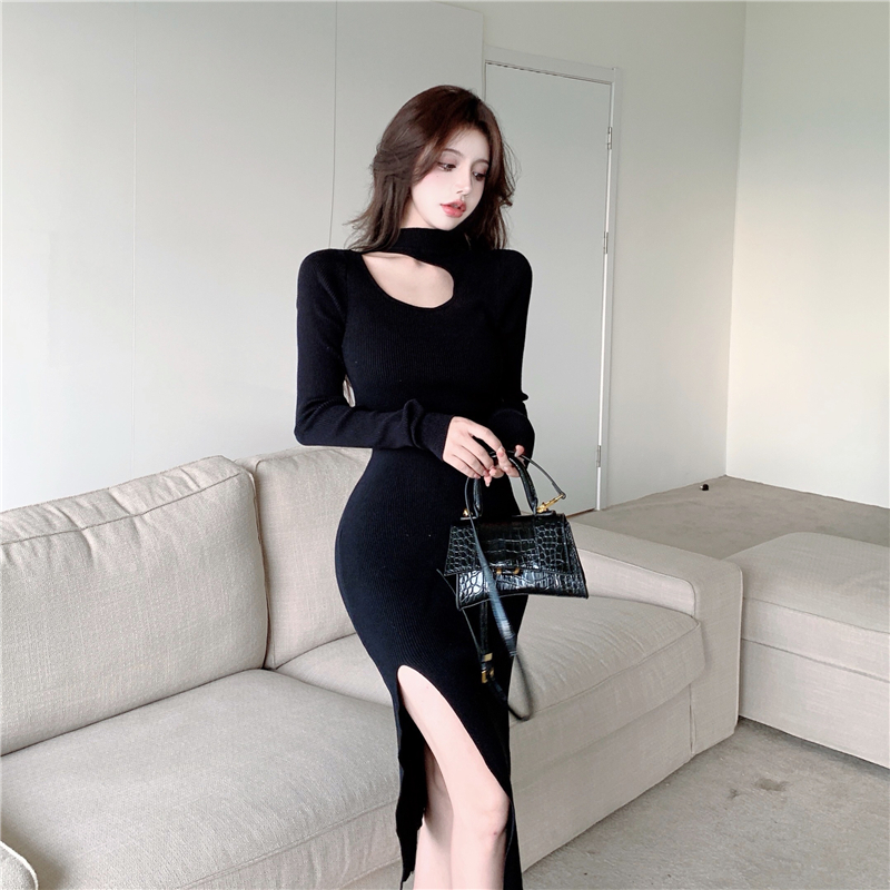 Outlet Slim long sleeve clavicle knitwear retro dress