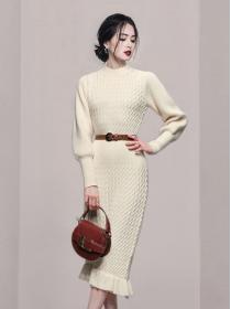 For Sale Pure Color Puff Sleeve Show Waist Dress 