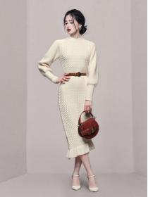 For Sale Pure Color Puff Sleeve Show Waist Dress 