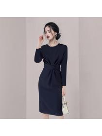 Outlet Slim blue package hip long sleeve pinched waist dress