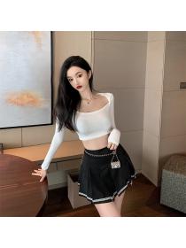 Outlet College style autumn tops pleated short skirt 2pcs set