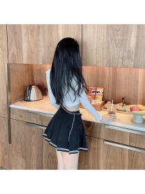 Outlet College style autumn tops pleated short skirt 2pcs set