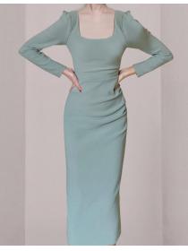 On Sale Pure Color Show Waist Drape Dress 