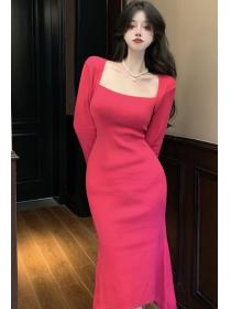 On Sale Pure Color Show Waist Slim Dress 