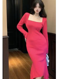 On Sale Pure Color Show Waist Slim Dress 