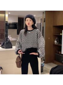 Outlet Black-white autumn chessboard sweater loose minority tops