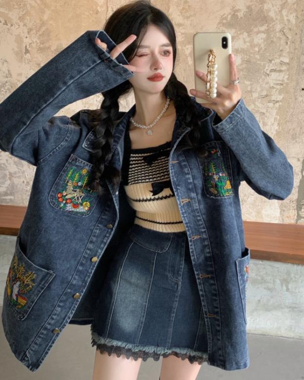 On Sale  Doll Collars Embroidery   Denim Coat