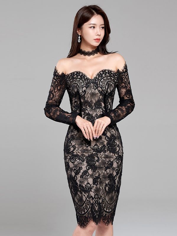 Korean Style Pure Color Off Collars Sexy Dress