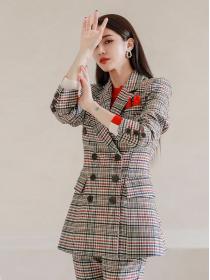 Korean Style Grid Printing Show Waist Suits 
