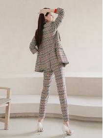 Korean Style Grid Printing Show Waist Suits 