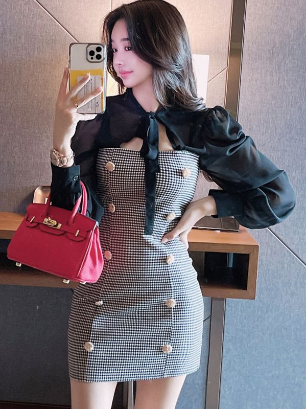 Korean Style Hollow Out Grid Printing Show Waist Dress