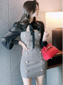 Korean Style Hollow Out Grid Printing Show Waist Dress