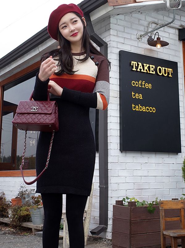 European Style Color Matching Knitting Long Sleeve Dress