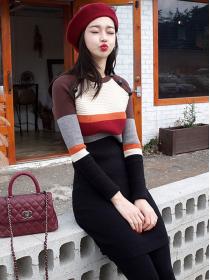 European Style Color Matching Knitting Long Sleeve Dress