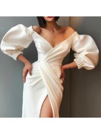 Outlet Hot style V-neck slit dress Dress with puff sleeves Fashion women's dress