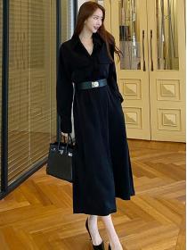Korean Style V  Neck Velvet Fashion Open Fork Dress