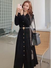 Korean Style Pure Color Show Waist Maxi Dress