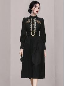 Korean Style Stand Collars  Embroidery  Show Waist Dress