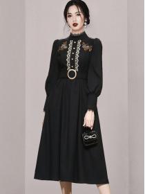 Korean Style Stand Collars  Embroidery  Show Waist Dress