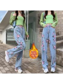 Outlet Korean fashion Rose embroideried High waist Straight cut Jeans