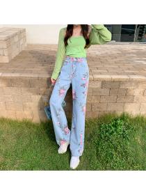 Outlet Korean fashion Rose embroideried High waist Straight cut Jeans