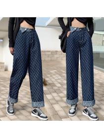 Outlet Korean fashion Loose-fitting High waist Wide-leg Straight cut Jeans