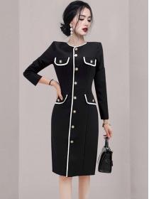 Korean Style Round Collars Show Waist Pure Color Dress