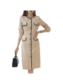 Korean Style Round Collars Show Waist Pure Color Dress