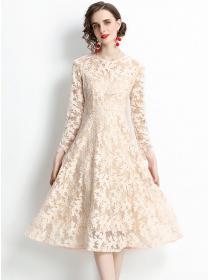 Outlet Retro Grace High Waist Lace Flowers Slim A-line Dress