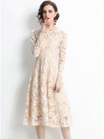 Outlet Retro Grace High Waist Lace Flowers Slim A-line Dress