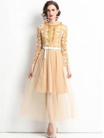 Outlet Charming Europe Lace Flowers High Waist Gauze Maxi Dress