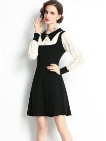 Outlet Wholesale Autumn Color Block Lace Sleeve Knitting Dress