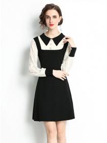 Outlet Wholesale Autumn Color Block Lace Sleeve Knitting Dress