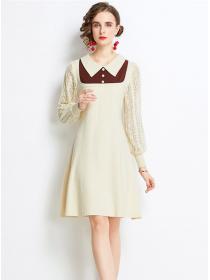 Outlet Preppy Europe Doll Collar Lace Sleeve Knitting A-line Dress