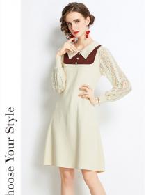 Outlet Preppy Europe Doll Collar Lace Sleeve Knitting A-line Dress