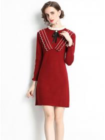 Outlet Fashion Lady 2 Colors Bowknot Collar Knitting Dress