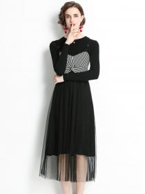Outlet Fashion Wholesale 2 Colors Stripes Waist Knitting Gauze Dress