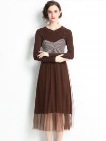 Outlet Fashion Wholesale 2 Colors Stripes Waist Knitting Gauze Dress