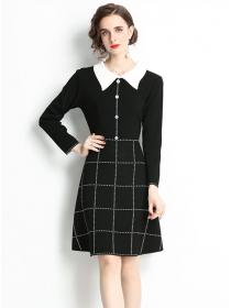 Outlet Wholesale Europe Doll Collar Plaids Knitting A-line Dress