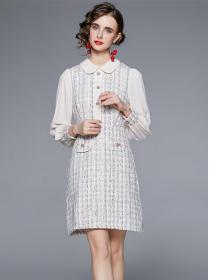 Outlet Preppy Europe Doll Collar Single-breasted Plaids Tweed Dress