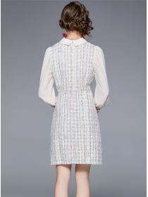 Outlet Preppy Europe Doll Collar Single-breasted Plaids Tweed Dress