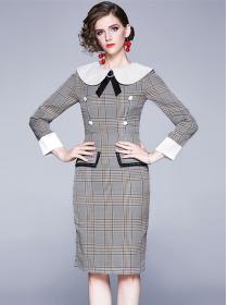 Outlet Grace Women Bowknot Doll Collar Plaids Slim Dress