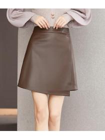 Discount Pure Color PU  Tall Waist Skirt 