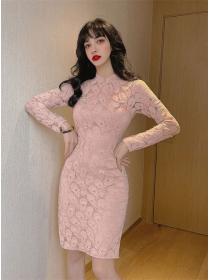 Outlet Elegant Fashion Lace Flowers Slim Cheongsam Dress
