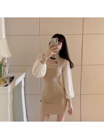 Outlet Autumn New Arrive 2 Colors Puff Sleeve Skinny Dress