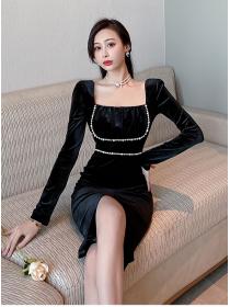 Outlet Stylish Korea Square Collar Beads Waist Velvet Slim Dress