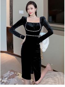 Outlet Stylish Korea Square Collar Beads Waist Velvet Slim Dress