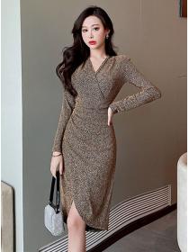 Outlet Modern Lady 2 Colors V-neck Shining Bodycon Dress