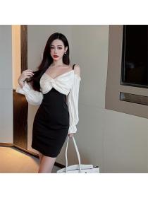 Outlet Lovely Sexy Boat Neck Puff Sleeve Splicing Slim Dress
