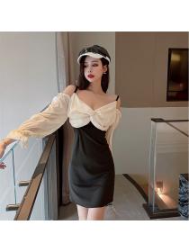 Outlet Lovely Sexy Boat Neck Puff Sleeve Splicing Slim Dress